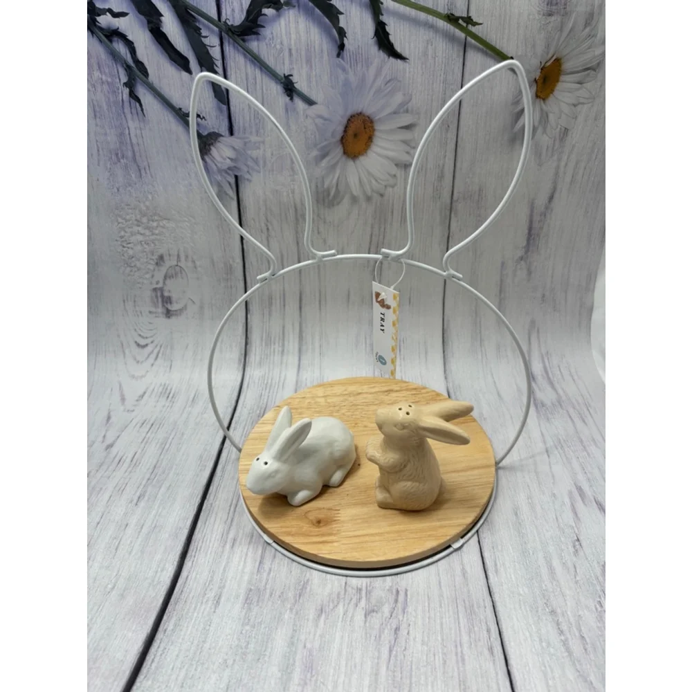 Easter bunny tray with Bunny Salt and Pepper Shakers White and tan